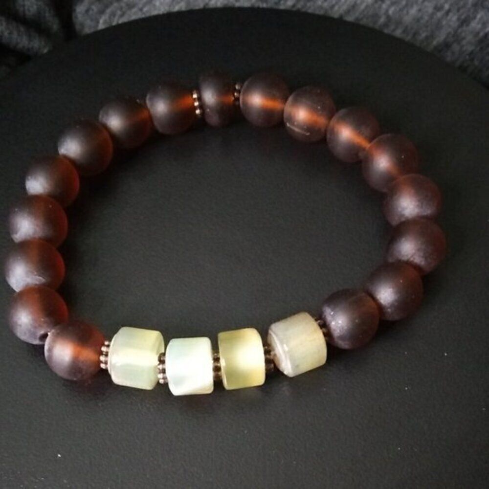 Gorgeous Rustic Bracelet #2: Recycled Brown Glass Beads + Pale Green Agates